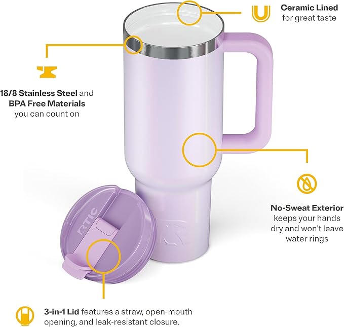 RTIC 40 oz Road Trip Tumbler Double-Walled Cermaic Lined Insulated Stainless Steel Portable Travel Coffee Mug Cup with Lid, Handle and Straw, Lavender Glitter