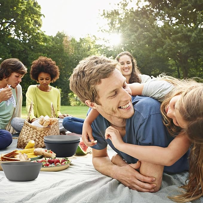 PYRMONT 36 OZ Cereal Bowls - Wheat Straw Sets of 8 Reusable Unbreakable Plastic for Soup, Salad, Rice, Noodles - Microwave & Dishwasher Safe - Black to Grey