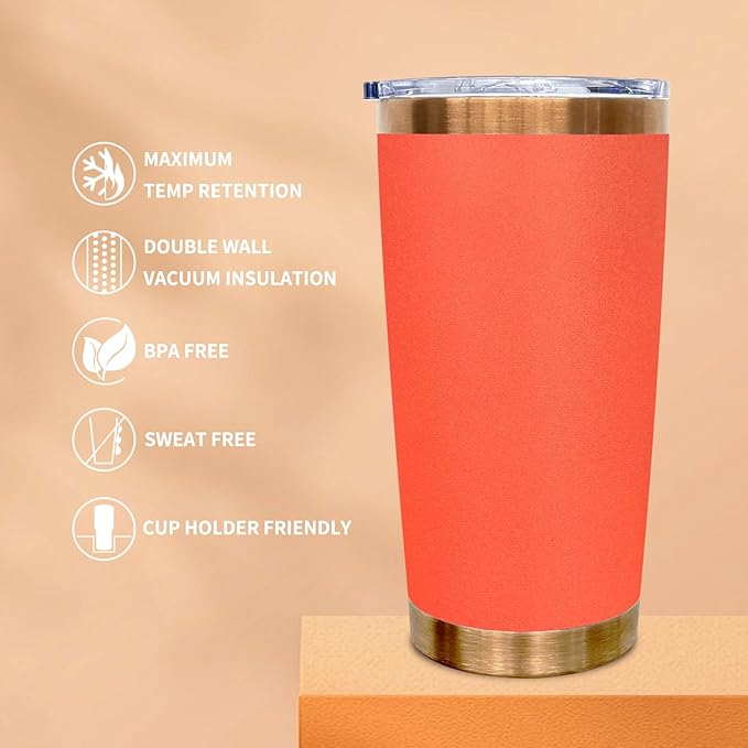 20 oz Tumbler Stainless Steel Tumbler with Lid and Straw, Double Wall Vacuum Insulated Travel Coffee Mug for Laser Engrave, Powder Coated Cup for Hot and Cold Drinks (Orange,1 pack)