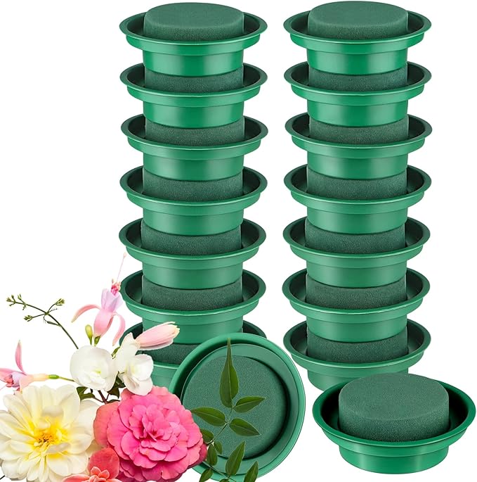 16 Packs Floral Foam Rounds in Bowls DIY Flower Arrangement Kit Green Round Wet Flower Foam Blocks for Fresh and Artificial Flower Arrangements, Birthday Wedding Party Decors