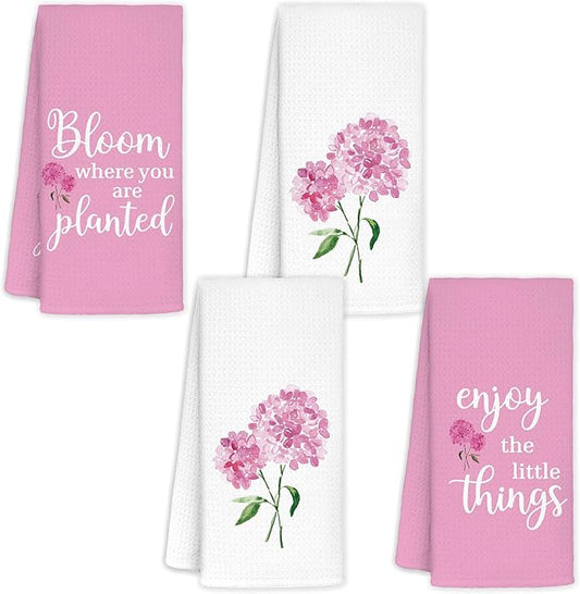 Pink Hydrangea Kitchen Towels Set of 4, Bloom Where You are Planted Pink and White Hydrangea Decorative Hand Towels for Bathroom, Hydrangeas Gifts, 16x24
