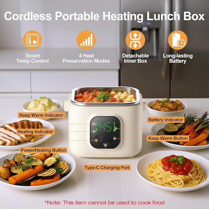 Wireless Portable Adult Electric Lunch Warmer Powered By 14000mAh Battery Self-Heating Food Warmer Type-C Rechargeable Port 0.8L Portable Self-Heating Food Warmer Ideal for Office Camping Outdoor