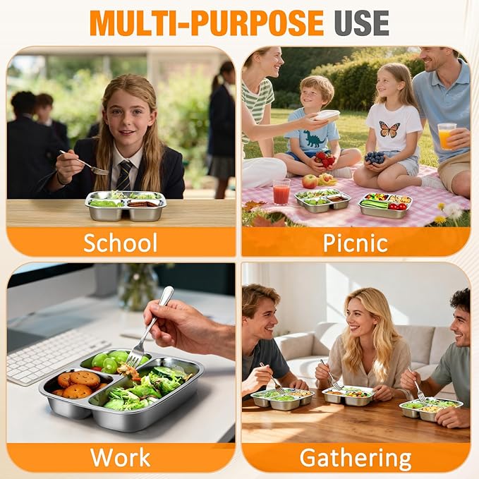 RAOOKIF 2 Pack Stainless Steel Snack Containers, 3 Compartment Reusable Snack Containers With Lids, Grab and Go Snack Container for Schools, Homes, Offices, and Camping, Dishwasher-Safe (7 * 7 inch)