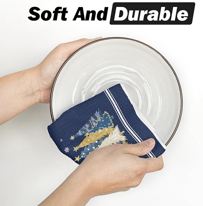 Artoid Mode Blue Star Xmas Tree Merry Christmas Bar Kitchen Towels, 12x24 Inch Quick Dry Microfiber Cloth Dish Towels for Kitchen Drying Set of 2