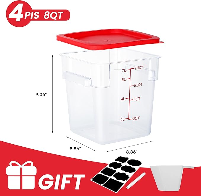 4 Pack Food Storage Containers, 8 Quart with Lids, Square Commercial Containers with Scale, NSF, Polycarbonate, Clear