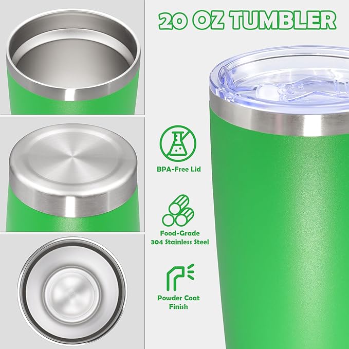 20oz Tumbler Stainless Steel Tumbler Cup with Lid Vacuum Insulated Double Wall Travel Mug, Durable Powder Coated Travel Coffee Tumbler Mug for Hot & Cold Drinks, Green,4 Pack