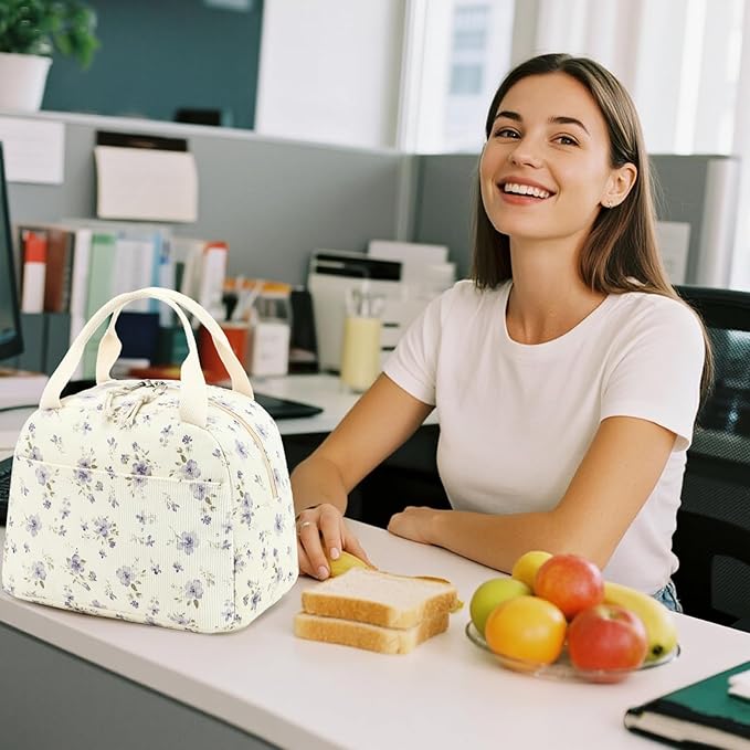 BTOOP Lunch Box for Women Men Cute Corduroy Lunch Bags Large Capacity Insulated Lunch Tote Bag For Work Travel Or Picnic (Grace Purple Flower)