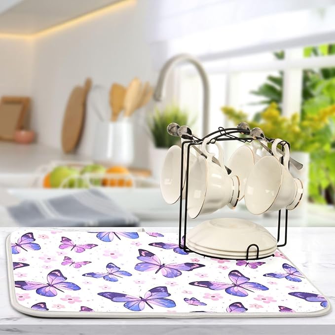 Pink Purple Butterfly Flower Dish Drying Mat for Kitchen Counter Absorbent Dish Drainer Mats Drying Pads 16"x18"