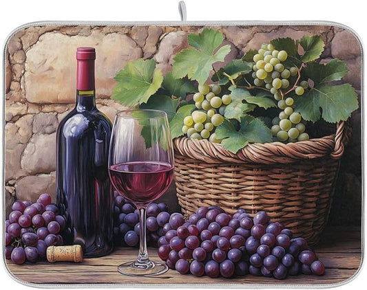 Wine Bottle Wine Glass Grapes Dish Drying Mat for Kitchen Counter Super Absorbent Dishes Pad Reversible Microfiber Protector Dish Draining Mats 18x24 inch