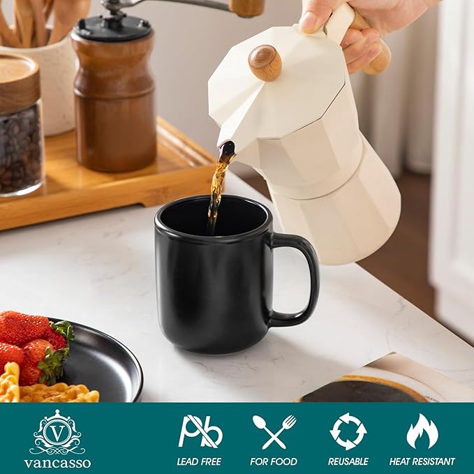 vancasso Stoneware Coffee Mugs Set, 12 oz Ceramic Coffee Cups for Latte Hot Tea Cappuccino Cocoa Milk Cups Set of 6, Dishwasher & Microwave Safe, Matte Black