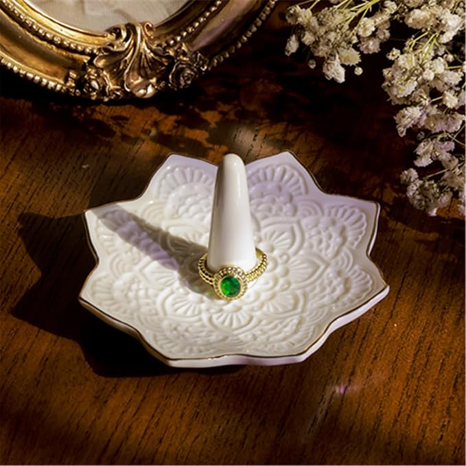 Ceramic Mandala Ring Holder, Decorative Jewelry Dish, Trinket Tray Room Decor, Engagement Wedding Birthday Gifts for Women (white)