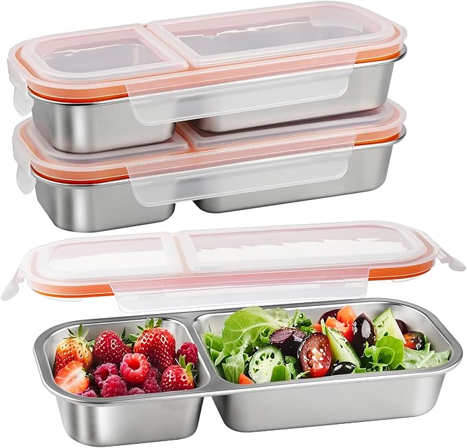 3 Pack Stainless Steel Snack Containers with Lids, Leakproof Lunch Box Containers, Reusable 2 Compartment Snackle Box, Grab and Go lunchable container for Travel