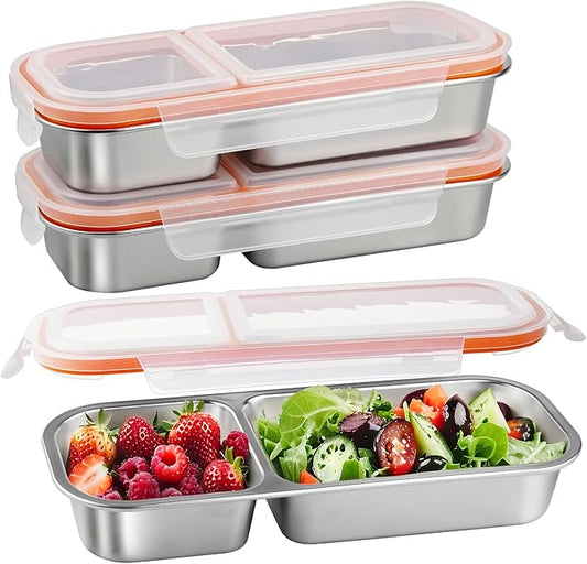 3 Pack Stainless Steel Snack Containers with Lids, Leakproof Lunch Box Containers, Reusable 2 Compartment Snackle Box, Grab and Go lunchable container for Travel