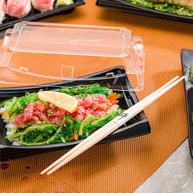 Restaurantware Roku 7.5 x 4.75 Inch Sushi Trays 100 Disposable Sushi Containers With Lids - Short Take Out Containers For Appetizers Entrees or Desserts Black Plastic To Go Containers