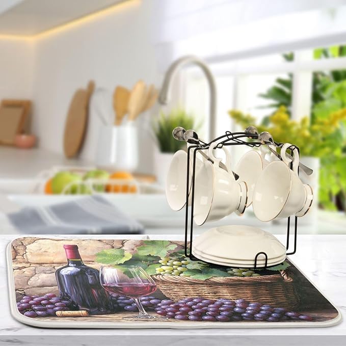 Wine Bottle Wine Glass Grapes Dish Drying Mat for Kitchen Counter Super Absorbent Dishes Pad Reversible Microfiber Protector Dish Draining Mats 18x24 inch