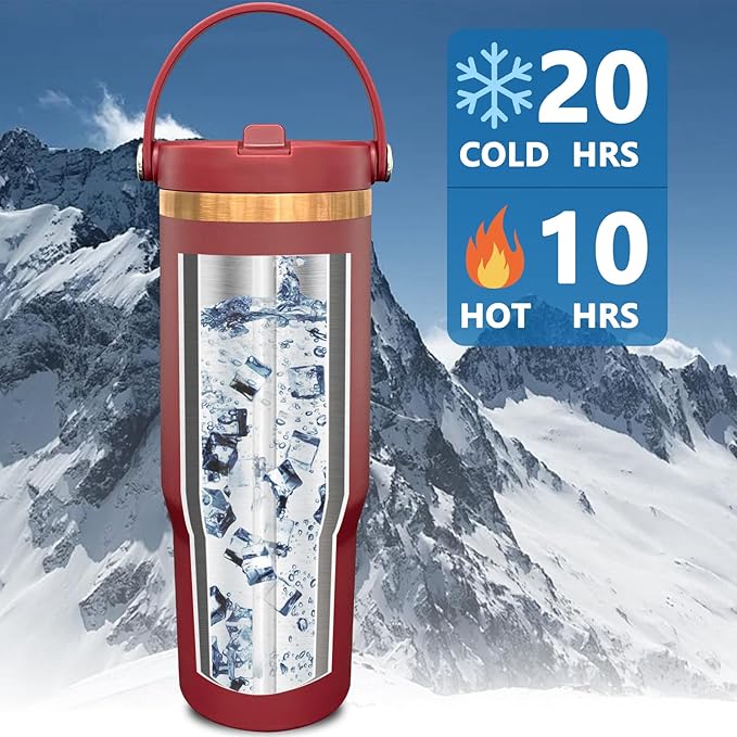 30 oz Tumbler with Handle and Straw, Vacuum Insulated Tumblers with Flip Straw and Top Handle, Leakproof Powder Coated Tumbler, Stainless Steel Travel Mug for Coffee Water (Red, 1 Pack)