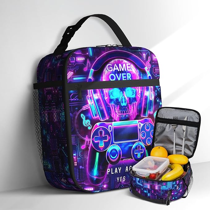 Video Game Insulated Lunch Box for Boys Girls Portable Game Lunch Bag for Kids Adult Teens School Work Office Travel Picnic Hiking Beach Cooler Reusable Waterproof Gaming Lunchbox