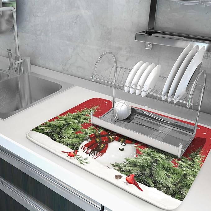 Christmas Dish Drying Mat for Kitchen Counter Snowman Green Christmas Tree Microfiber Absorbent Dish Draining Reusable Washable Foldable Extra Large 18"x24"
