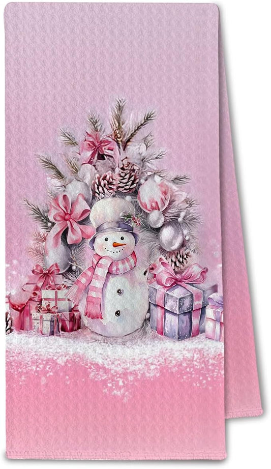 Pink Coquette Bow Christmas Snowman Kitchen Towels, Preppy Winter Dish Towels Drying Cloth for Kitchen, Winter Holiday Xmas Snowman Decorative Hand Towel for Bathroom, 16x24 Inch
