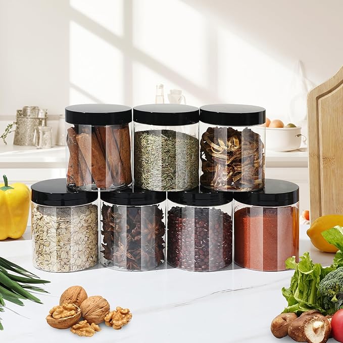 Plastic Jars with Lids, 16 oz Plastic Containers with Lids Clear Airtight Container Storage Jar Mason Jars for Dry Food Peanut Butter Honey Jam Cosmetics, Pack of 16 (16 PCS Black Lids)