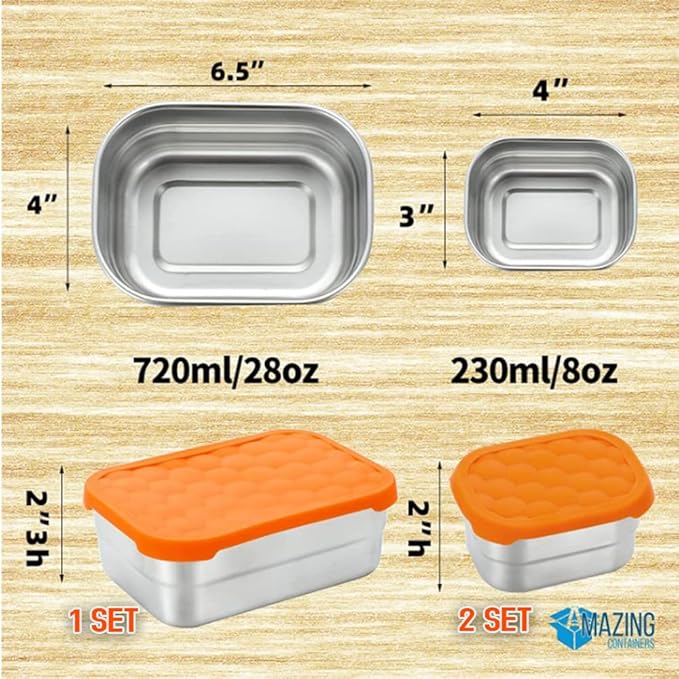 AMAZING CONTAINERS|Stainless Steel Food Containers with Lids Set of 3 (28 oz, 2X 8 oz) | Steel Lunch Container for Kids and Adults | Metal Snack Container Leakproof Lunch Box Sandwich Containers