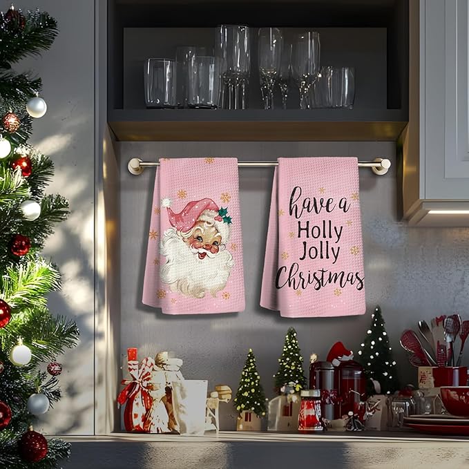Pink Kitchen Accessories,Pink Kitchen Towels,Christmas Santa Claus Dish Towels Set of 2,Hand Towels for Bathroom,Gifts for Women,Housewarming Gifts 16×24 Inches