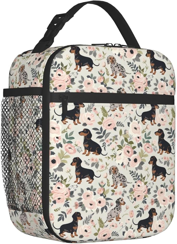 Reusable Dachshund Lunch Box for Kids Girls Boys Women Adult, Insulated Cute Dog Lunch Bag,Polyester Cooler Floral Handbags Case for School Picnic Work Travel Beach or Hiking