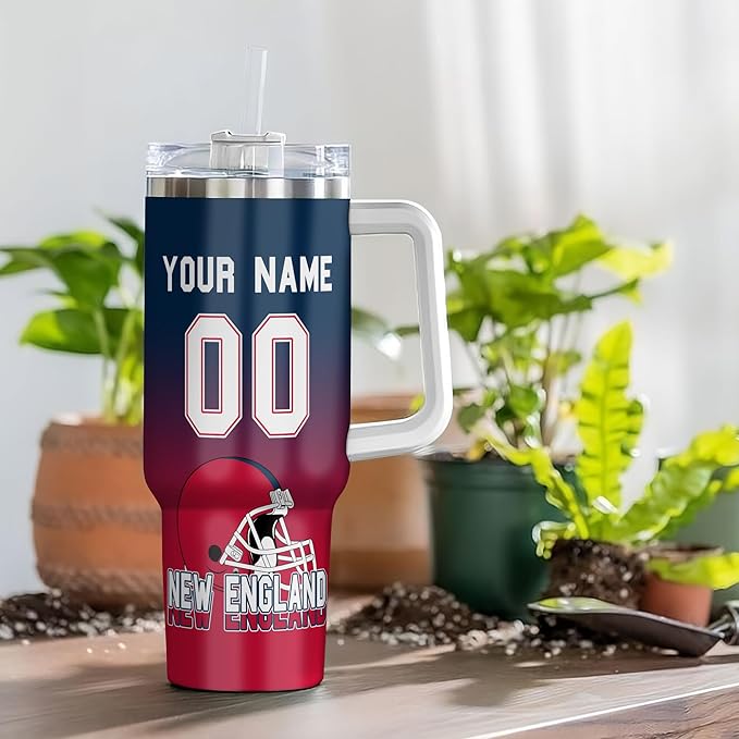 Personalized Football Tumbler with Handle & Straw, 40oz Stainless Steel Insulated Travel Mug, Custom Name & Number Cup, Game Day Coffee Fan Gift (New England)