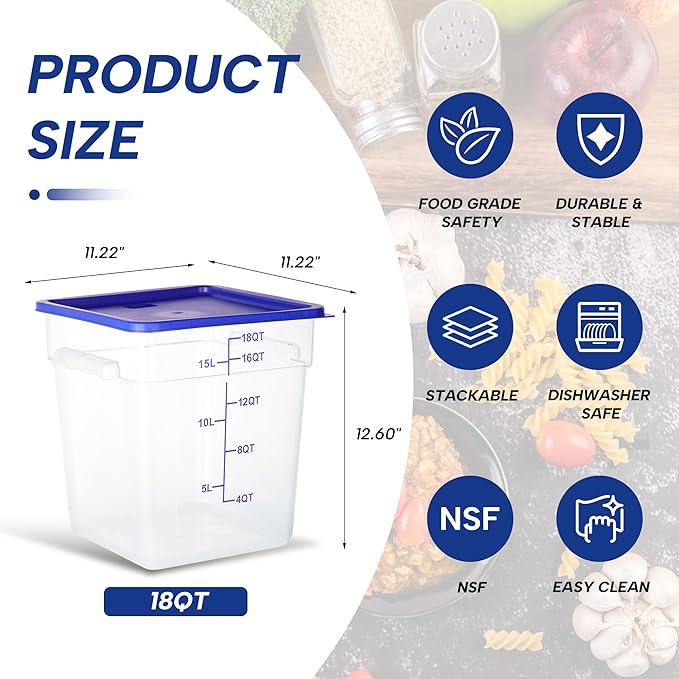 4 Pack Food Storage Containers, 18 Quart with Lids, Square Commercial Containers with Scale, Clear NSF Food Organizing, Polycarbonate