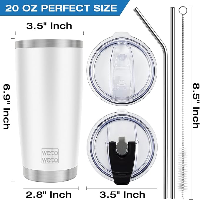 WETOWETO 20oz Tumbler with 2 lids and 2 straws, Stainless Steel Vacuum Insulated Water Coffee Tumbler Cup, Double Wall Powder Coated Spill-Proof Travel Mug Thermal Cup (White, 1 Pack)