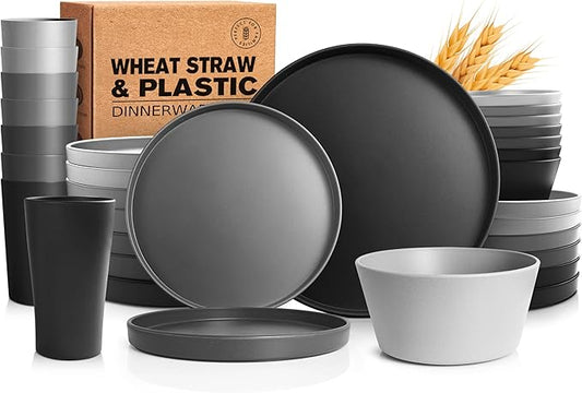 Teivio 32-Piece Kitchen Plastic Coupe Wheat Straw Dinnerware Set, Service for 8, Dinner Plates, Dessert Plate, Cereal Bowls, Cups, Unbreakable Unique Plastic Outdoor RV Camping Dishes,Gray Multicolor