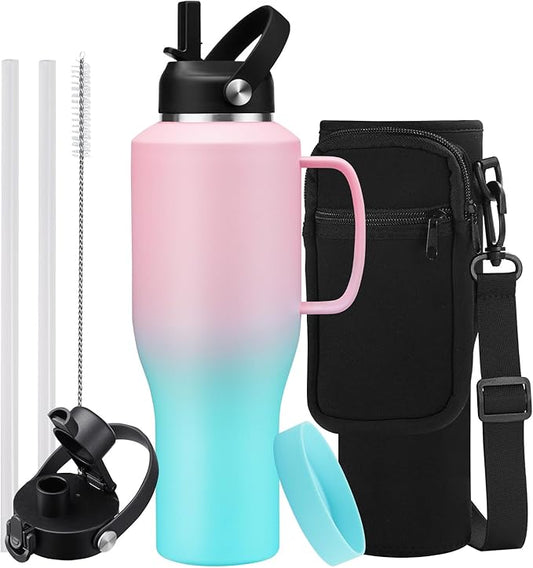 40 oz Insulated Water-Bottle that fits in Cup Holder - Straw & Chug Lid, Cold 48h/Hot 24h, Travel Coffee Tumblers with Handle & Strap Carrier Bag & Protective Boot, Leak Proof Metal Flask Cup