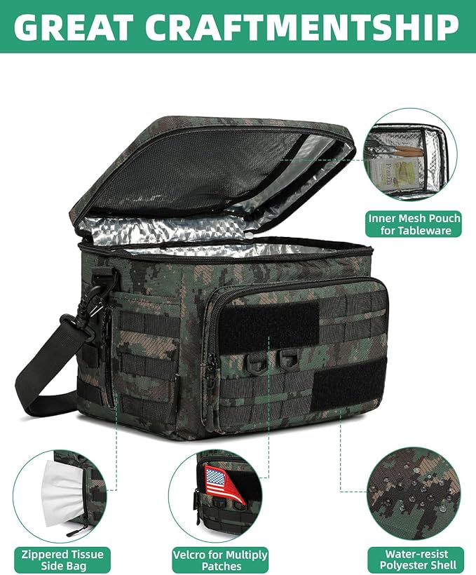 Tactical Lunch Box, 13L Large Insulated Lunch Bag MOLLE Webbing Leakproof Thermal Cooler with Shoulder Strap Lunch Pail for Adult Men Women Office Work Camping Picnic Travel Acu Camo