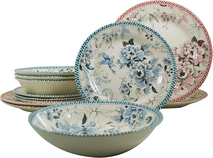 Tudor Royal 12-Piece Porcelain Round Dinnerware Set, Service for 4, Vintage Garden, Floral, Plates Bowls Dishes, Premium Quality Tableware, Unique Pattern, Glossy