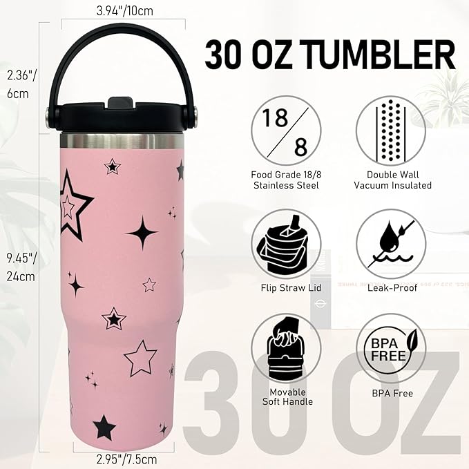 30 oz Tumbler with Handle and Straw, Vacuum Insulated Tumblers with Flip Straw and Top Handle, Leakproof Tumbler, Stainless Steel Travel Mug for Coffee Water, Cold for 20 Hours(Pink Star)