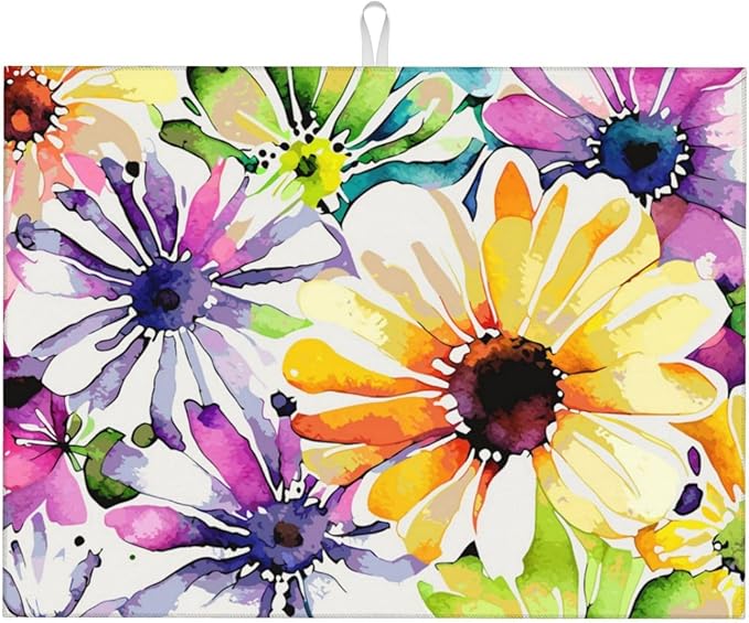 Absorbent Dish Drying Mat For Kitchen Counter, Colorful Flowers Microfiber Dish Drying Pad, Kitchen Gadgets For Easy Clean Multi-Use