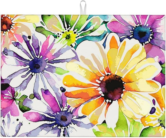 Absorbent Dish Drying Mat For Kitchen Counter, Colorful Flowers Microfiber Dish Drying Pad, Kitchen Gadgets For Easy Clean Multi-Use