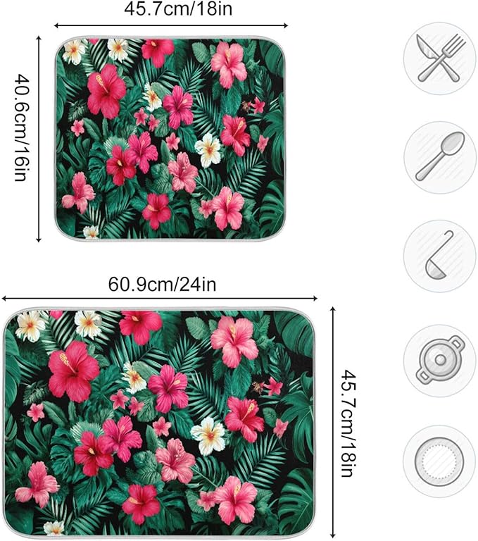 Tropical Flowers Leaves Pattern Dish Drying Mat for Kitchen Counter Super Absorbent Dishes Pad Reversible Microfiber Protector Dish Draining Mats 16x18 inch