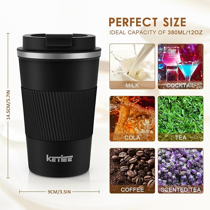 KETIEE Travel Mug 12oz, Vacuum Insulated Coffee Mug with Leakproof Lid, Travel Coffee Tumbler Stainless Steel Double Walled Reusable Coffee Cup for Hot and Iced Coffee Tea Water (Black)