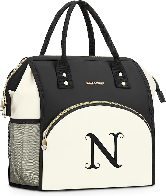 Personalized Lunch Box for Women, Initial Reusable Insulated Lunch Bag, Wide-Open Adult Lunchbox Cooler Lunchbag, Initial Leakproof Lunch Tote Bag for Picnic Work Outdoors Black and White - N