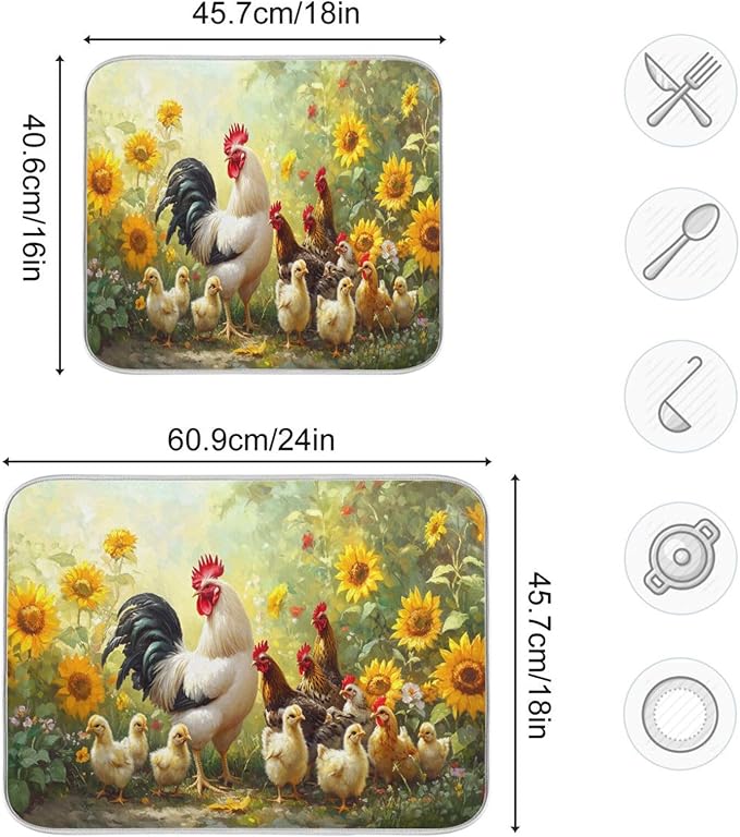 Chickens Pattern Dish Drying Mat for Kitchen Counter Super Absorbent Dishes Pad Reversible Microfiber Protector Dish Draining Mats 18x24 inch
