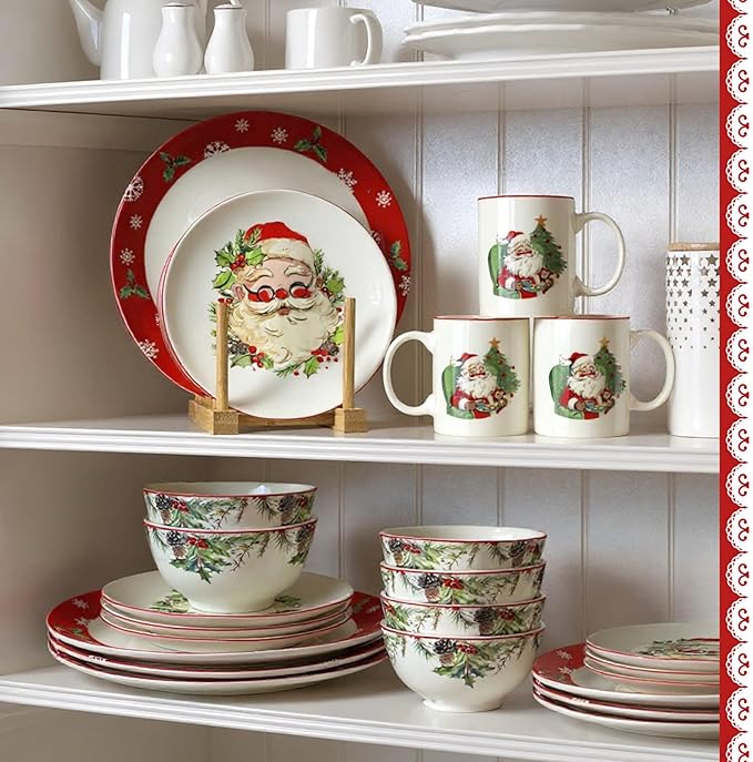 Pickmesh 16 Pcs Santa Christmas Dishes Dinnerware Set for 4 Guest Holiday Dinner Plates Ceramic Santa Claus Salad Plates Christmas Tree Bowl Mug Vintage Xmas Gift for Holiday Party Kitchen Decoration