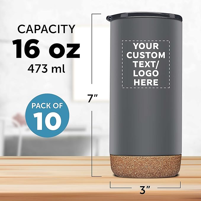 Custom Travel Tumblers with Cork Bottom 16 oz. Set of 10, Personalized Bulk Pack - Double Wall Insulated, Matte Finish, Perfect for Iced Coffee, Soda, Other Beverages - Grey