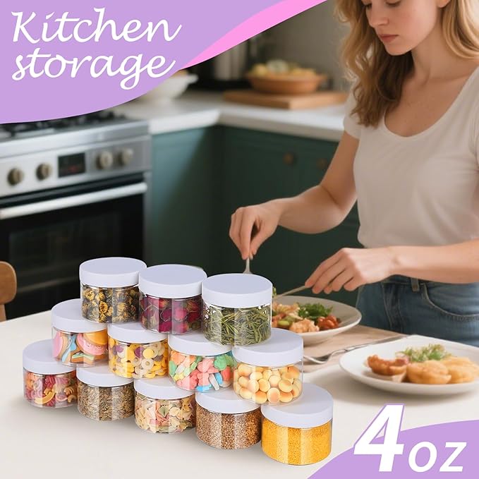 72 PCS 4 OZ Plastic Jars with Screw On Lids,Labels Refillable Empty Round Slime Containers for Storing Dry Food, Honey Jam, Cream, Butter, Lotion, White