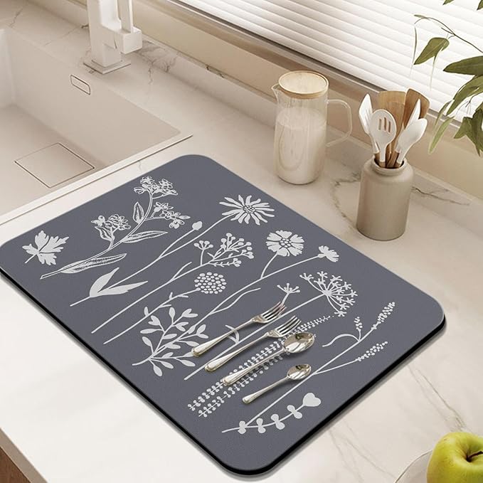 Rubber Dish Drying Mat for Kitchen Counter Large Grey Washable Quick Home Coffee Pad Fit Under Sink,Bar,Utensils or Stemware (24x18in)