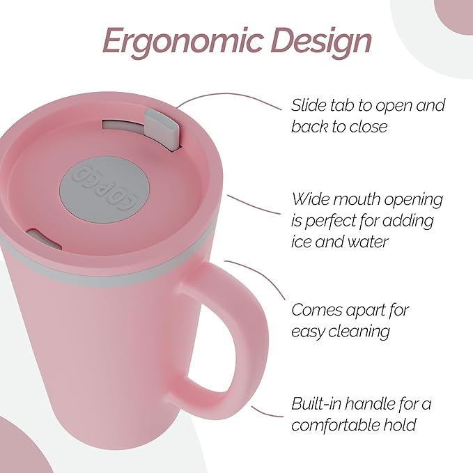 Copco Cone 16oz Insulated Travel Mug with Handle, Double Wall, Slide-Closure Lid, BPA-Free, Microwave & Dishwasher Safe, Reusable Plastic Travel Coffee Tumbler - Portable Coffee Cup (Pink)