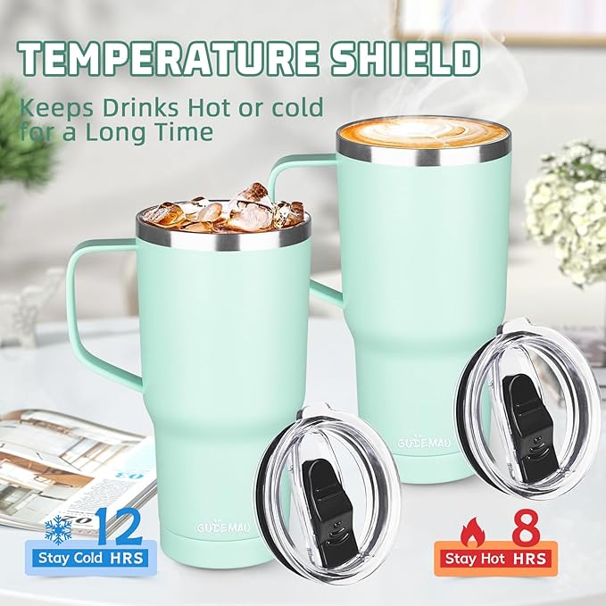 20 oz Insulated Coffee Mug with Ceramic Coating, Stainless Steel Travel Mug Tumbler with Handle Lid and Straw, Double Wall Leak-Proof Coffee Travel Mug Keeps Drink Hot and Cold (Green)