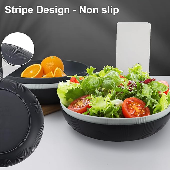 PYRMONT Wheat Straw Salad Bowls - 65oz Large Pasta Bowls - 10 Inches Serving Bowl Set of 6 - Wide and Shallow Bowl for Kitchen - Dishwasher Safe - Black to Grey