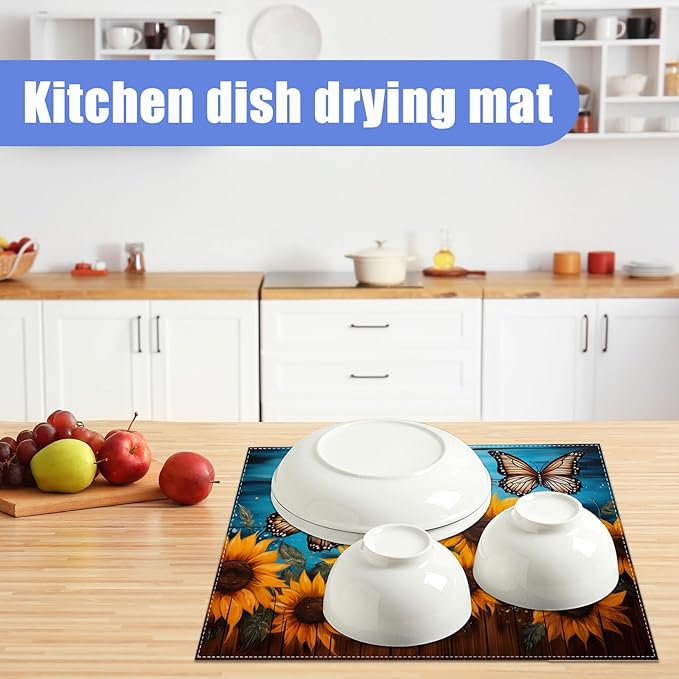 Sunflower Butterfly On Wooden Board Dish Drying Mat for Kitchen Counter Drying Pad Absorbent Reversible Dish Drainer Rack Mats Draining Pad 18"x24"Inch