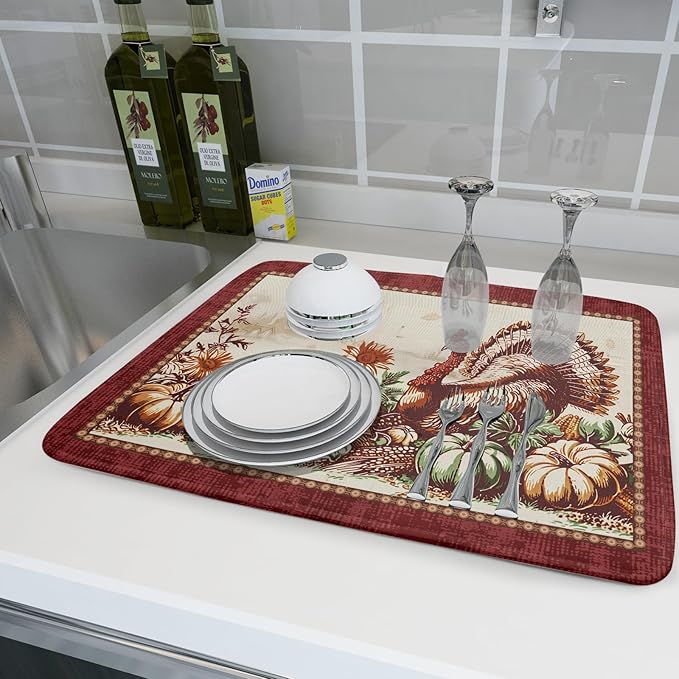 Rustic Turkey Dish Drying Mat for Kitchen Countertop 18x24 inch Fall Thanksgiving Pumpkin Sunflowers Harvest Dish Drainer Mats Fast Drying Farmhouse Country Style Dish Drying Pad Holiday Decor Large